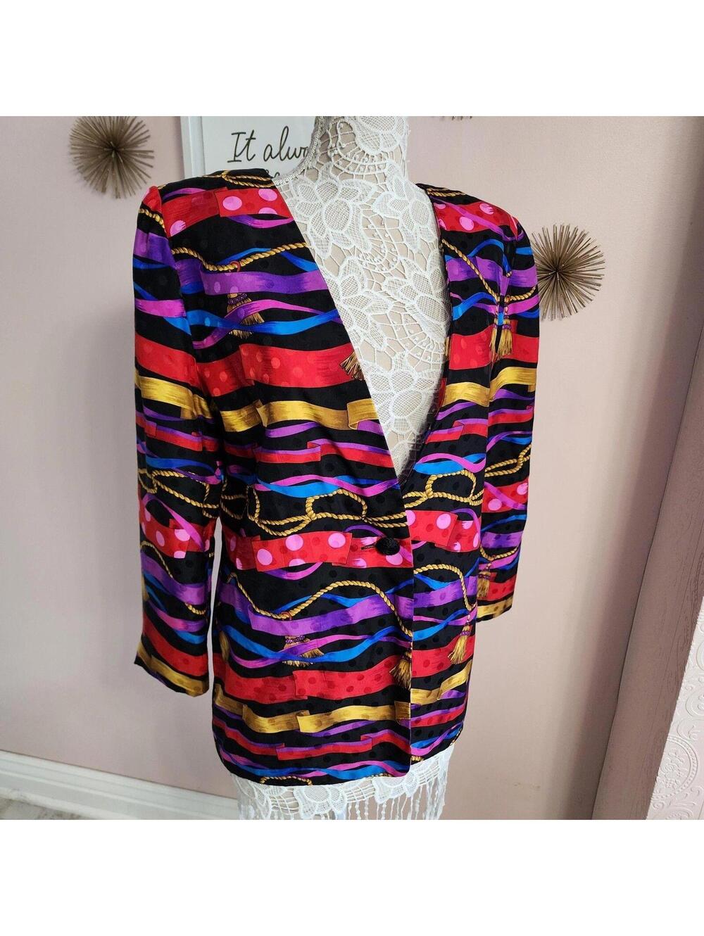 Vintage Maggy London 100% Silk Colorful Statement Blazer Jacket Women's Size 14
